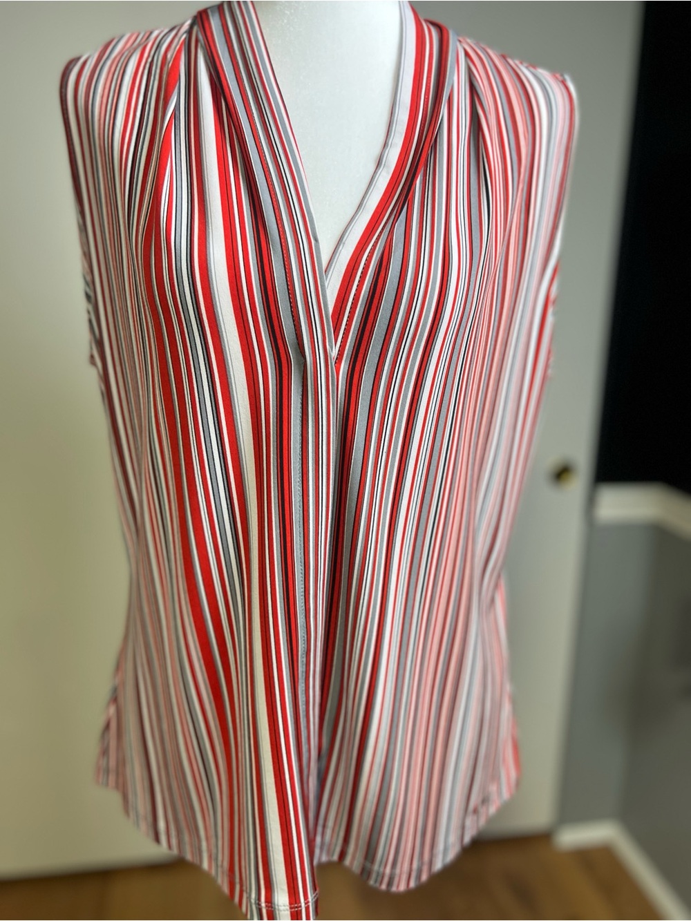 Calvin Klein Red, White & Black Striped V-Neck Sleeveless Camisole